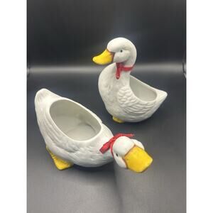Vintage Pair Of Geese/Ducks With Red Ribbon Cottagecore Decor Ceramic Vase
